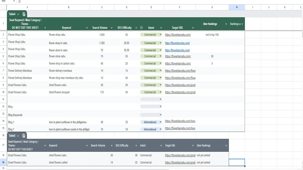 Excel spreadsheet screenshot featuring neatly arranged data, highlighting key figures and formulas in a clear layout for keyword research